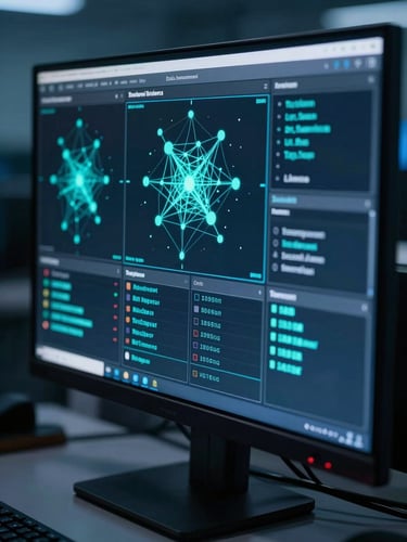 Extreme close-up of a threat-detection dashboard on a dark monitor, cyan-highlighted anomaly indicators and network node alerts visible mid-scan, cool blue desk-side illumination, screen glow the only light source in a dim operations environment