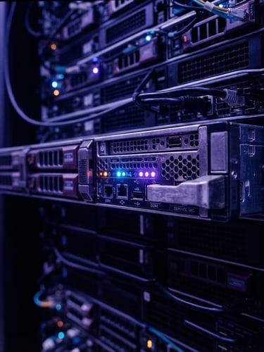 Cinematic macro shot of enterprise server rack blades, illuminated by deep violet and cool blue diagnostic LEDs, sharp focus on brushed metal textures, anamorphic lens.