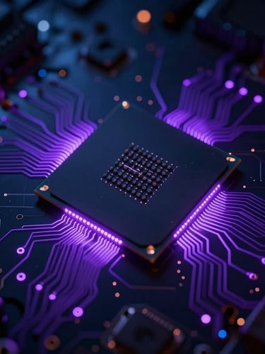 Macro technology photography of high-end server processor, glowing violet circuits, dark high-contrast lighting, shallow depth of field