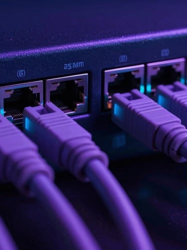 A close-up shot of an enterprise network switch with glowing ethernet ports and violet patch cables, dark high-contrast lighting.
