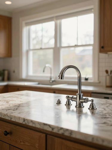Wide portrait framing of a residential kitchen after professional cleaning — natural window light floods the counter, polished stone surface gleaming, no people, warm daylight from the right, spotless chrome fixtures in sharp focus