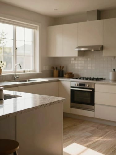 Wide shot of a sunlit residential kitchen after cleaning — countertops gleaming under warm window light, baseboards spotless, surfaces reflecting natural daylight from the left side, generous negative space on the right