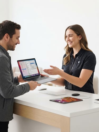 Sleek, modern support desk with a friendly technician assisting a customer, bright clean studio lighting, soft shadows, sharp focus, modern tech aesthetic