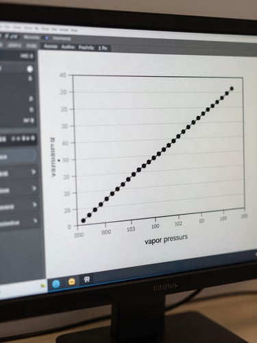 Close-up of a computer monitor showing a clean vapor pressure vs. temperature plot with labeled axes and data points, app input panel visible at left edge, neutral studio light, precise technical framing