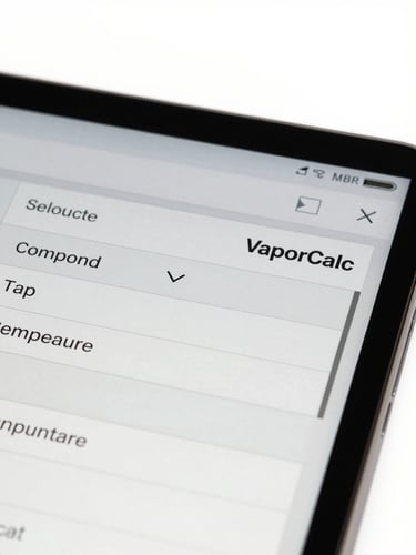 Close-up screenshot of VaporCalc input panel showing compound selector dropdown and temperature range fields, clean UI on white background, neutral studio lighting, precise typography, no decorative elements
