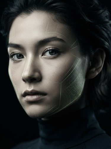Sleek tech-editorial photography of a person's face, high-contrast studio lighting, subtle cyber-lime geometric mapping lines overlaid, deep obsidian background, sharp focus.