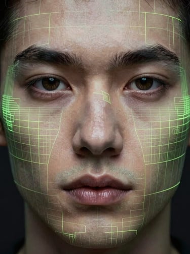 Close-up portrait of a person's face with subtle cyber-lime geometric grid lines and mapping overlays, cool high-contrast studio lighting, deep obsidian background, sleek tech-editorial photography, eye-level headshot.