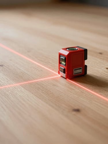 A high-contrast macro shot of a red laser level casting a sharp, straight line across a clean, newly leveled plywood subfloor, with directional work lights highlighting the smooth, flat surface.