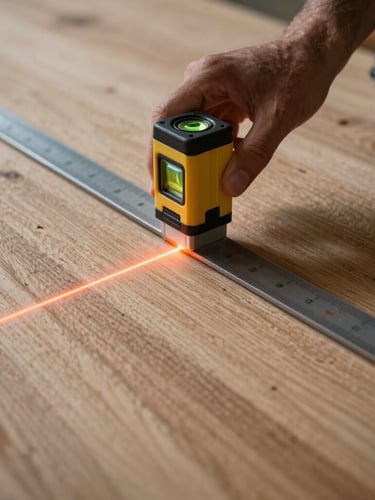 Tight macro shot of a laser level casting a sharp orange line across a perfectly flat plywood subfloor, an installer checking tolerances with a metal straightedge, high-contrast directional work light.