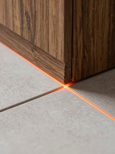 Tight macro shot of a perfectly flush transition joint between dark oak hardwood and light gray porcelain tile, a sharp orange laser line highlighting the flawless alignment.