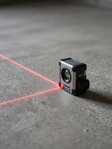 Tight macro shot of a laser level casting a sharp red line across a perfectly prepped, clean concrete subfloor, high-contrast directional work light.