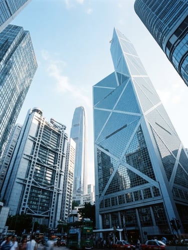 Low-angle architectural shot of Hong Kong's central district skyscrapers, sharp steel and glass lines reflecting cool daylight, 35mm lens.