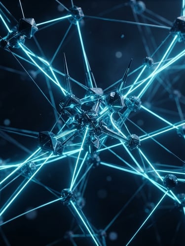 Macro close-up of high-fidelity abstract 3D nodes and glowing vector network lines, sharp electric cyan rim lights, deep obsidian background, depth of field