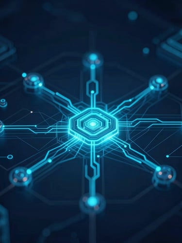 Sleek architectural system blueprint of a distributed neural network, glowing electric cyan lines, isometric view, macro depth of field