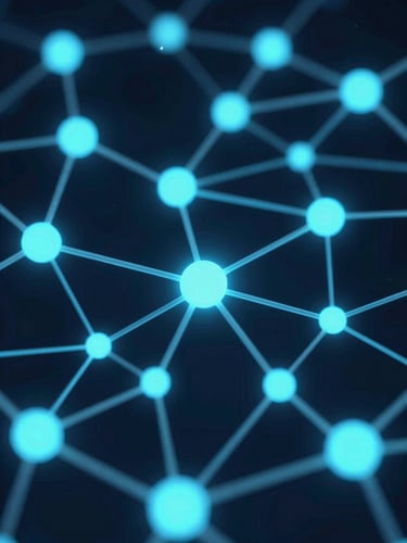 Sleek 3D render of interconnected glowing data nodes, low-key futuristic lighting, deep navy and electric cyan tones, macro depth of field
