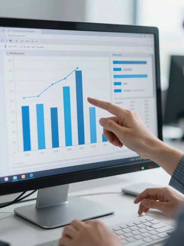 A close-up of hands analyzing data charts on a clean monitor screen, crisp cool-toned office daylight, slate and electric blue tones, sharp focus, 35mm.