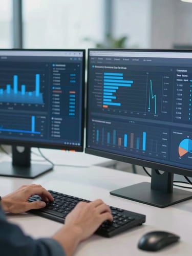 Medium close-up of a developer analyzing real-time conversion dashboard metrics on a dual-screen setup, cool clean office daylight, slate and electric blue tones, 35mm