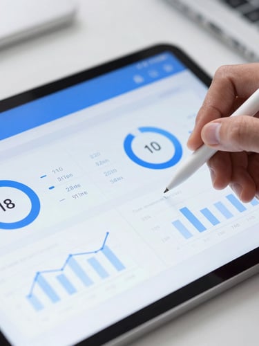 Sharp macro shot of a data interface showing conversion rate optimization metrics on a tablet, hands holding a stylus, crisp cool-toned studio lighting