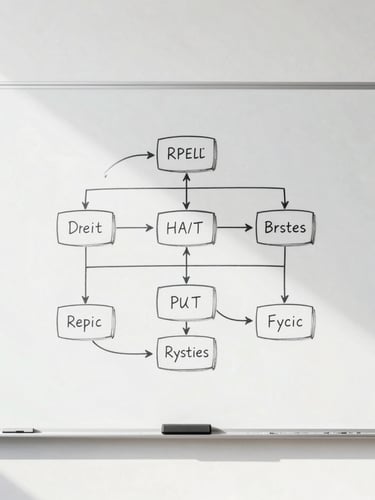 Straight-on architectural shot of a clean physical whiteboard with a hand-drawn systems flowchart, bright natural daylight, high-contrast cool tones.