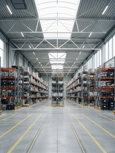 Straight-on architectural photograph of a clean, organized logistics warehouse floor with clear painted safety lines, bright natural high-key daylight, high contrast.