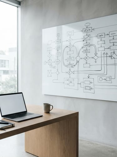 Crisp architectural photography of a clean physical workspace with a large flowchart whiteboard, bright natural daylight, high-contrast minimalist composition.