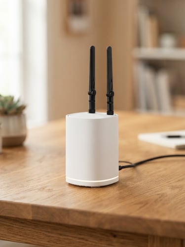 A clean physical hardware node with antennas sitting on a warm wooden desk, soft natural daylight, shallow depth of field