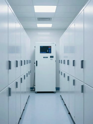 A high-tech pharmaceutical logistics warehouse, clean cool-toned lighting, rows of temperature-controlled storage units, sharp focus, 35mm