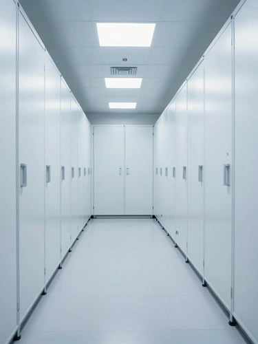 High-tech logistics warehouse interior with temperature-controlled cargo storage, bright clean clinical daylight, sterile white and cool blue tones, sharp focus, 35mm