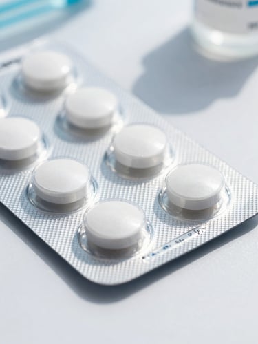 Close-up of sealed pharmaceutical packaging with verification codes on a clean white surface, bright clinical daylight, sharp focus, 35mm