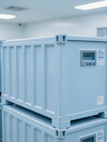 A close-up of temperature-controlled pharmaceutical cargo containers inside a clean, brightly lit modern logistics warehouse, sterile blue tones, sharp focus, 35mm.