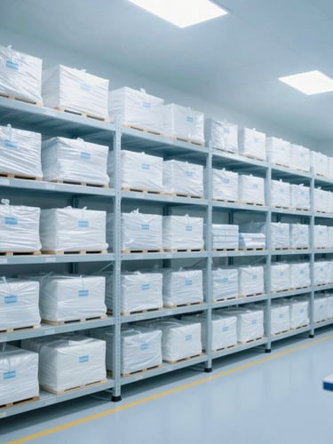 High-tech pharmaceutical logistics warehouse, temperature-controlled environment, cool-toned clinical lighting, organized medical cargo, 35mm.