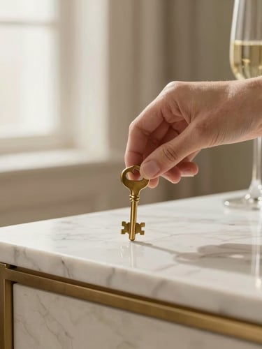 Close-up of a hand placing a polished brass key on a clean marble console table, soft morning light, warm editorial interior photography.