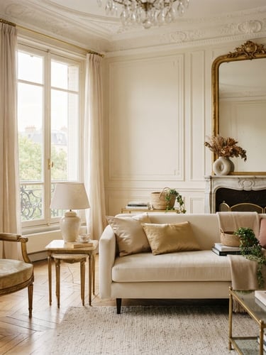 Elegant Parisian apartment interior in Colombes, high ceilings, warm natural light pouring through tall windows, soft cream and champagne gold tones, architectural details, editorial styling.