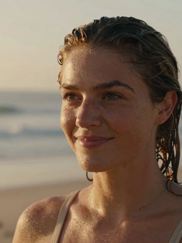 Intimate close-up portrait of April, a professional female surfer, smiling softly with salt-water droplets on her skin, warm golden-hour light, cinematic 35mm film.