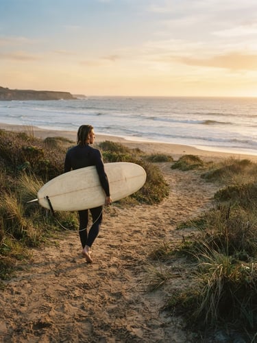 A solitary surfer walking along a quiet sandy path toward the ocean, carrying a classic longboard under one arm, soft golden-hour light, cinematic 35mm film.