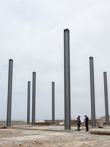 Wide architectural angle of an active construction site in Peru, structural steel columns rising against an overcast coastal sky, engineers in hardhats reviewing plans in the distance.