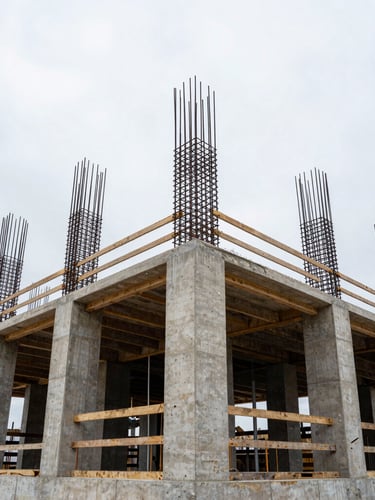 Wide architectural angle of an active Peruvian construction site, concrete columns and steel reinforcement skeletons reaching toward an overcast coastal sky, low angle shot