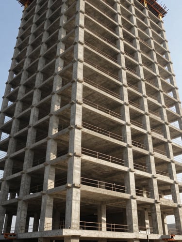 Wide-angle architectural photograph of a massive concrete structural skeleton of a high-rise building under construction in San Isidro, Lima. Sharp morning sun casting clean geometric shadows, steel rebars visible, professional engineering precision.