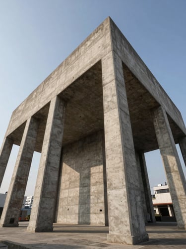 Low-angle architectural photograph of a massive concrete foundation and structural steel columns under a crisp morning sky in Lima, strong geometric shadows, professional.