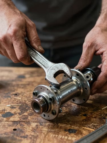 Close-up of grease-stained hands holding a heavy metal wrench over a disassembled vintage bicycle hub on a worn wooden workbench, natural harsh light.