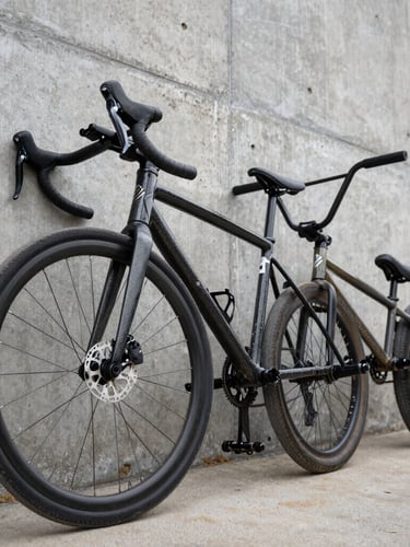 Candid low-angle shot of a carbon road bike and a scuffed BMX bike leaning together against a concrete wall, dirty shins of riders visible.
