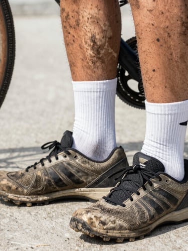 A close-up candid shot of a cyclist's dirty shins and scuffed sneakers resting on flat pedals, bright daylight, gritty concrete background