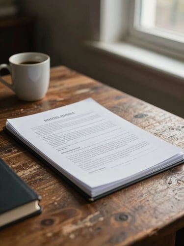 Close-up of a lawyer's desk seen from a slight angle, open case file with handwritten notes and legal documents spread across worn wooden surface, ceramic coffee cup to the left, natural north-facing window light falling softly from the right, muted earth tones, no people visible, documentary quiet
