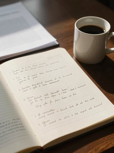 Close-up overhead of a lawyer's desk: open case files, handwritten notes on a legal pad, a ceramic coffee mug to the side, natural north-facing window light casting soft shadows across cream paper