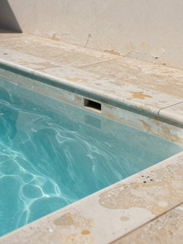 Close environmental shot of a private pool interior under flat daylight, delaminated plaster and efflorescence stains visible along the waterline, the pool edge and surrounding coping in the mid-ground, no people, north-facing light showing surface condition clearly