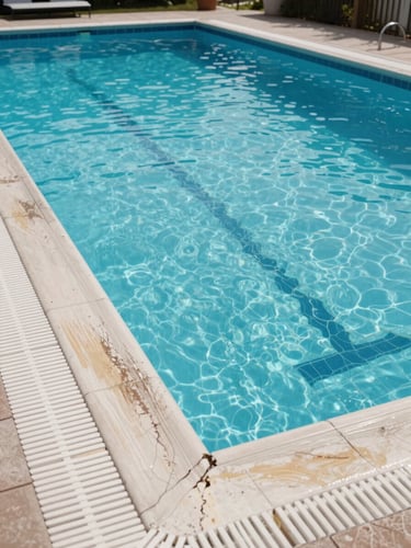 Wide environmental shot of a large outdoor community swimming pool with visible surface deterioration — efflorescence streaks along the waterline tiles, hairline cracks in the pool deck, overcast Mediterranean daylight revealing texture of damage, shot at eye level from the pool edge, no people, no lifestyle props