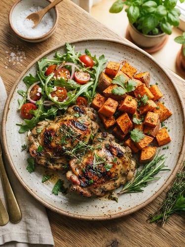Warm editorial food photography, soft kitchen window light. Overhead flat-lay of a beautifully arranged ceramic plate with grilled chicken, roasted sweet potatoes, and fresh herbs, rich natural colors.