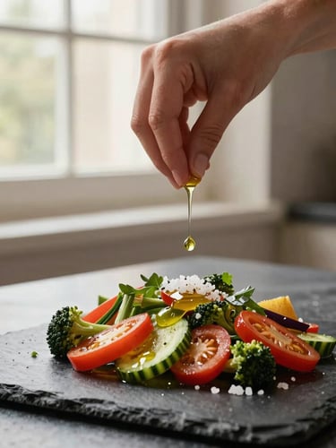 Warm editorial food photography, soft kitchen window light. Close-up of hands gently seasoning a fresh vegetable dish with olive oil droplets and sea salt on a dark slate counter.