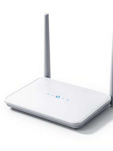 Sleek modern home internet router with soft blue status lights, bright high-key studio lighting, sharp focus, clean white background
