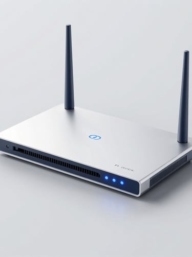 Sleek modern enterprise router with soft blue status lights, clean slate grey background, sharp focus, high-key studio lighting